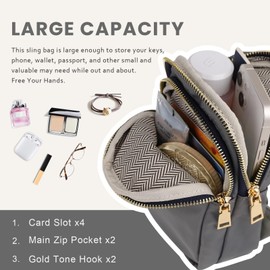 MEEJUNE Small sling bag for Women Nylon Crossbody Fanny Packs Purses chest Bag with adjustable shoulder strap (Grey)