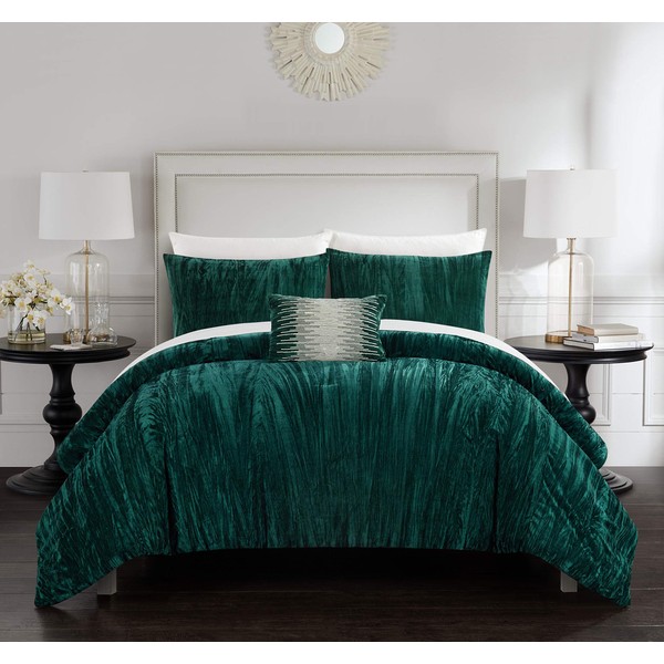 Chic Home Westmont 4 Piece Comforter Set Crinkle Crushed Velvet Bedding-Decorative Pillow Shams Included, King, Green