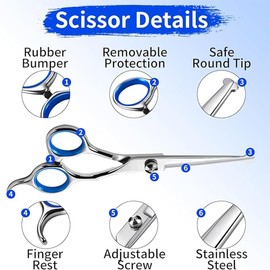 Professional Dog Grooming Scissors Kit, 6 in 1 Sharp Durable Pet Grooming Scissors Kit with Safety Round Tips, Stainless Steel Thinning Curved Straight Shears Dog Comb for Long Hair Dogs Cats Pets