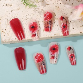 CJDLTS Red Flower Press on Nails Medium Ballet Shaped Full Cover Glossy Floral Stick on Nail Artificial Acrylic Blossom Fake Nail Reusable Medium Glue on Nails for Women Manicure Art 24Pcs