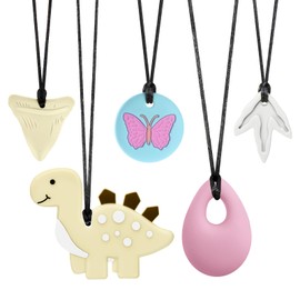 Sensory Chew Necklaces 5-Pack - BPA-Free Teething Necklace Set for Babies & Adults (Dinosaur, Butterfly, Paw Print, Shark Tooth & Teardrop) - Oral Motor Chew Toys for Autism, ADHD & Anxiety Relief
