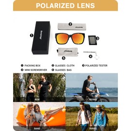 Meeloog Polarized Fit Over Glasses Sunglasses for Women UV Protection, Trendy Square Wrap Around Shades for Driving Riding (P1 Black Frame/Red Mirrored Lens)