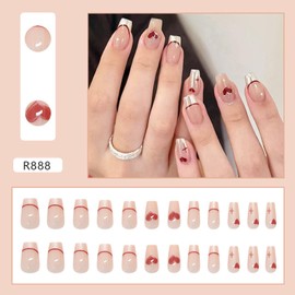 Red Heart Press on Nails Medium Square French Tip Fake Nails Romantic Acrylic Glue on Nails Glossy Full Cover Stick on Nails for Women DIY Manicure