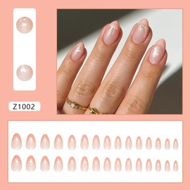 Pink French Tip Press on Nails Short Almond ZWENJIE Fake Nails Nude Pink False Nails Bow Pearls Full Cover Glossy Stick on Nails Acrylic Cute Artificial Nails for Women Glue on Nails 30 Pcs