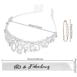 KIUEZIR Silver 80th Crystal Birthday Headband and Sash Set