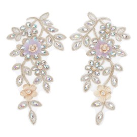 FINGERINSPIRE 1Pair Embroidered Beaded Pearl Flower Appliques Sew on Floral Beaded Rhinestone Patch Handmade Flower Fabric Rhinestones Applique for Wedding Dress Decoration Dress Clothes Accessory