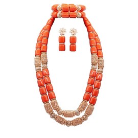 Africanbeads Artificial Coral Jewelry Sets Nigerian Dubai Orange Necklace Sets of Beads African Bridal Jewelry Sets (2)