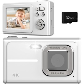Digital Camera for Kids, 1080P FHD Camera, Autofocus 4K 48MP Point and Shoot Digital Camera 16X Zoom 32GB Card, with 2 Batteries Silver Compact Camera Gifts for Teens Kids Boys Girls