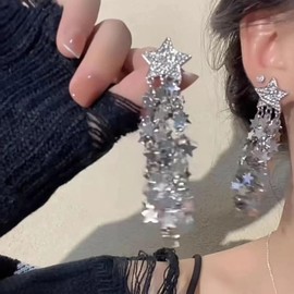 Denifery Star Earrings Dangle Silver Star Earrings Rhinestone Star Dangle Earrings Star Drop Earrings Big Sparkle Earrings Dangling Star Jewelry Star Accessories for Women, Metal, No Gemstone