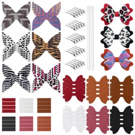 AOUXSEEM 24 Set Faux Leather Hair Bows DIY Making Kit with Printed Pre Cut Pieces and Hair Clips, Make Fashionable Shiny Hair Accessories for Girls Women (Animal)