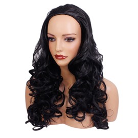 Ladies 3/4 Half Wig - Natural Black - Curly - 22in / 56cm - 250g - Heat Resistant Synthetic Fibre - Clip In Hair Piece Extension - Looks and Feels like Real Hair