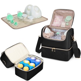 Fasrom Breast Pump Bag with Cooler Compartment Compatible with Momcozy, Medela and Willow Hands Free Pump, Pumping Tote with Waterproof Mat, Black