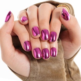 GLAMERMAID Press on Nails Extra Short Squoval, Hot Purple Chrome Spring Summer Handmade Gel Glue on Nails, 24Pcs Glossy Round Reusable UV Finish Fake Nails Acrylic False Nails Manicure Kits for Women