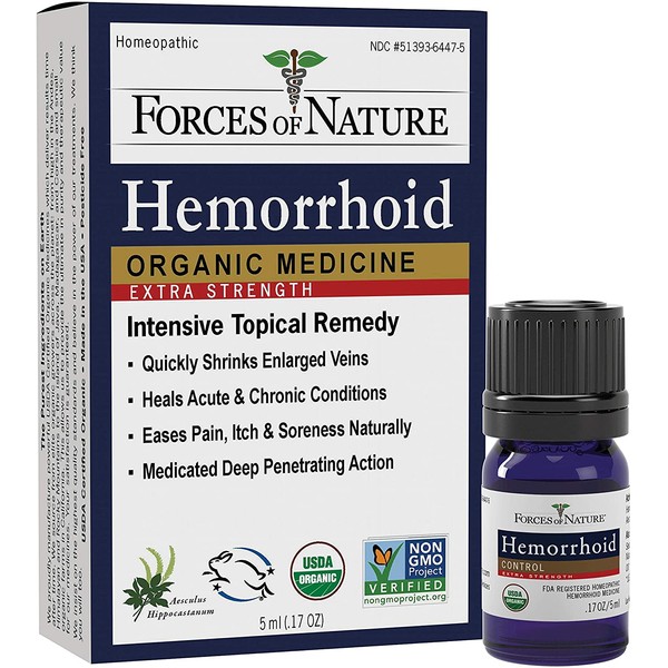 Forces of Nature –Natural, Organic, Hemorrhoid Extra Strength Relief (5ml) Non GMO, No Harmful Chemicals -Quickly Shrink Enlarged Veins, Ease Pain, Soreness, Itching Associated with Hemorrhoids