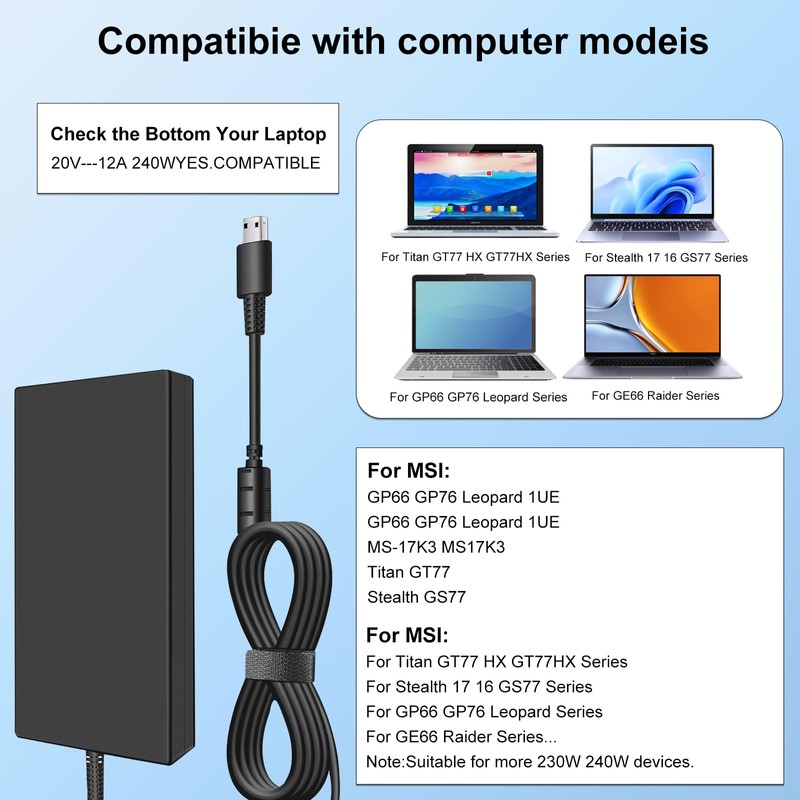240W USB Tip Laptop Charger for MSI GE76 GE66 Raider