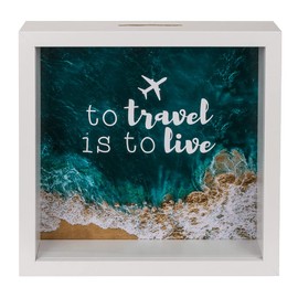 Portafoglio in legno, "to travel is to live", con cornice, circa 20 x 20 cm, bianco