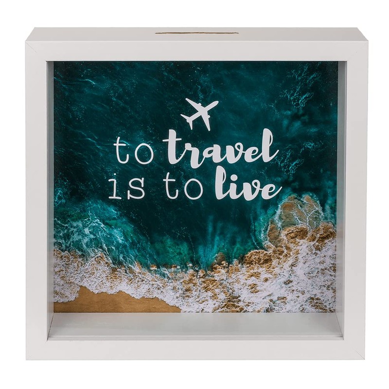 Portafoglio in legno, "to travel is to live", con cornice,