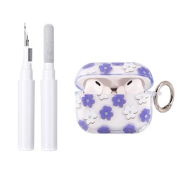 Reownest AirPods Pro 2nd/1st Generation Case with Cleaning Kit, Cute Transparent Floral Floral Pattern Shockproof with Keychain for AirPods Pro/Pro 2 - Blue