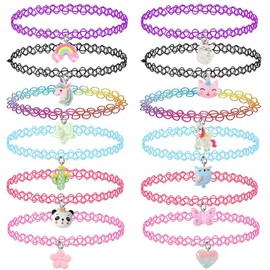 VURYAPI 12 Piece Choker Necklace Set for Children Teens Girls Women Pendant Charm Unicorn Rainbow Panda Cat Heart Flower Mermaid Chokers Henna Tattoo Stretch Elastic