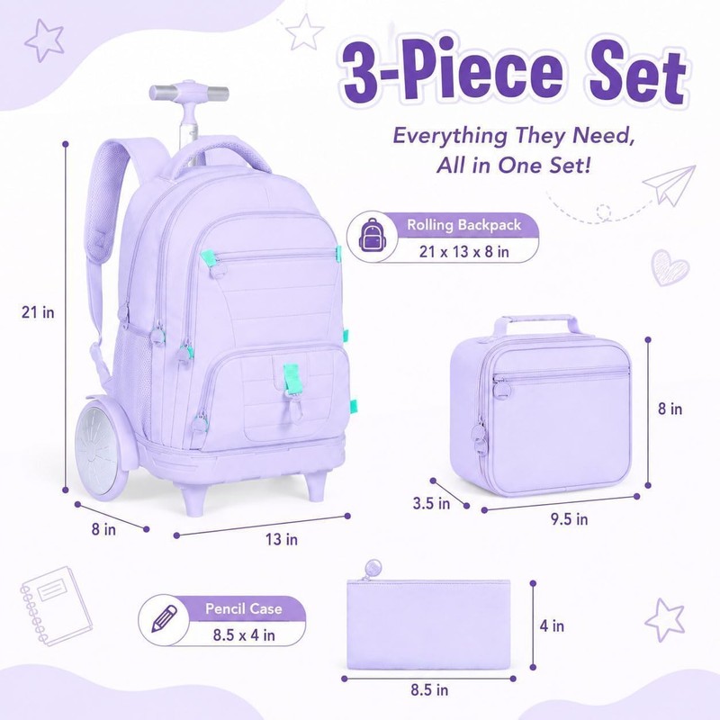 CCJPX 3Pcs Women & Girls Rolling Backpack with Bigger Wheels,