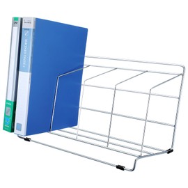 Reallnaive Catalog Rack Magazine File Holder Angled Binder Holder Metal Desk Organizer with 4 Rack Compartments Space Saving File Organizer for School Office Home, Metal Wire, Silver