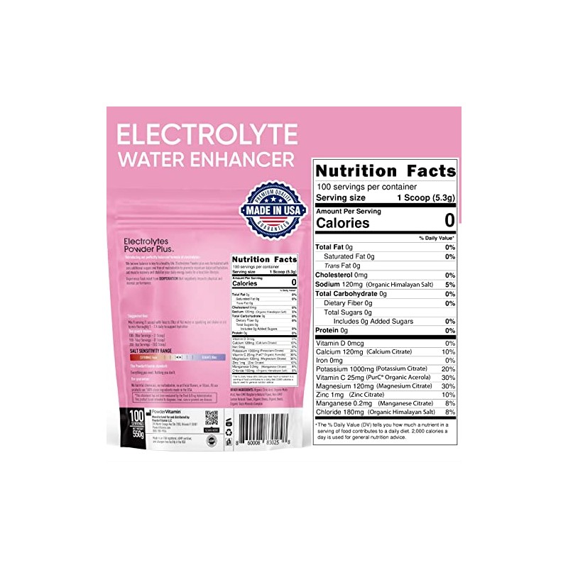 PowderVitamin Electrolitos en polvo Plus (100 porciones) Limonada de frambuesa