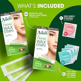 Nad's Tiras de cera facial, depilación facial para mujeres, kit de depilación con 48 tiras de cera facial + 8 toallitas de aceite calmante + polvo de 