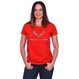JH DESIGN GROUP Women's Chevy Corvette C7 Emblem T-Shirt Black Red Heather-Gray (US, Alpha, Large, Regular, Regular, Red Silver Foil Shirt)