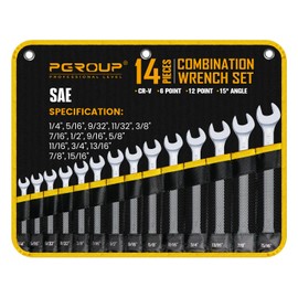 pgroup Premium Combination Wrench Set, SAE (1/4”-15/16”), 14-Piece, 12-Point, Chrome Vanadium Steel, With Tool Roll