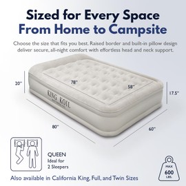 King Koil Luxury Built-in Pillow Top Queen Air Mattress with Built-in High-Speed Pump Best for Home, Camping, Guests, 20" Queen Size Double High Airbed, Blow Up Mattress, Waterproof, 1-Year Warranty