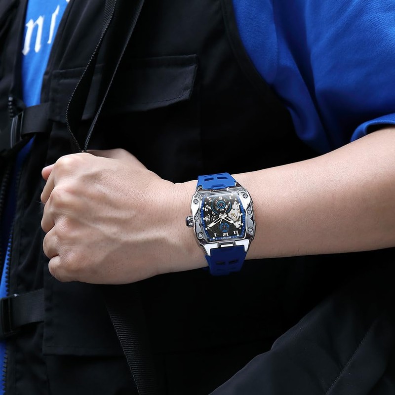MEGIR Automatic Mechanical Men Watch, Silicone Band, 43x50mm Alloy Case,