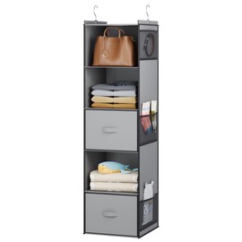 YOUDENOVA Hanging Closet Organizer, 5 Tier Hanging Closet Shelves with 6 Side Pockets and 2 Drawers, Light Grey