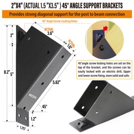 Wocepu 4pack 2x4 (Actual 1.5''x3.5'') Degree Angle Support Brackets, For Pergola, Gazebo, Deck Wood Frame Structures Provide Support 45° Degree Angle Bracket