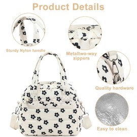 LEDAOU Lunch Box for Women Girls Lunch bag Quilted Puffer Lunch Box with Adjustable Strap Insulated Reusable LunchBox for Work School Picnic Travel (Black Little Flower)