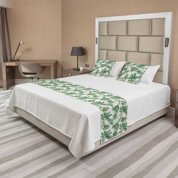 Lunarable Hawaiian Bed Runner Set, Monstera or Palm Leaves on a Plain Background, Decorative Bedding Scarf and 2 Pillow Shams for Hotels Homes, Queen, Green Jade