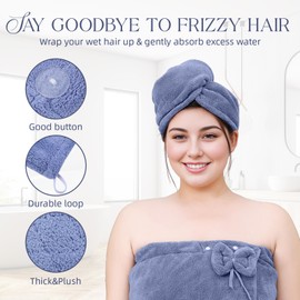 Defresit Towel Wrap for Women Plus Size-Wearable Shower Towel Wrap with Hair Towel Wristbands Closure Elastic Top Soft Adjustable Microfiber Dress Towel Spa Wraps for Women's Bathrobe（Blue）