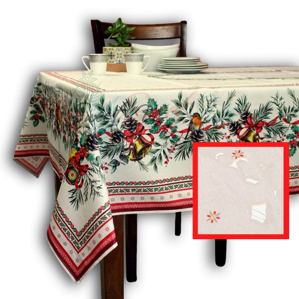 Sweet Us Wipeable Christmas Tablecloth Spill Resistant Acrylic Coated Floral French Provencal Cotton Tablecloth for Rectangle Tables 60x98 in White Red Green Linen