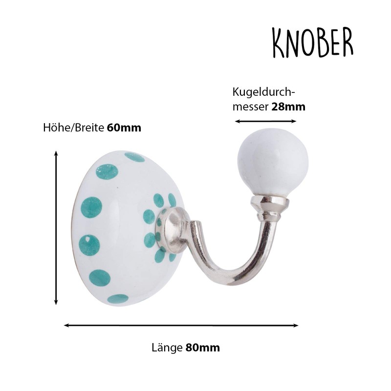 Knober Ceramic Hooks, Wall Hooks, Coat Hooks, Ceramic Ball, Diameter