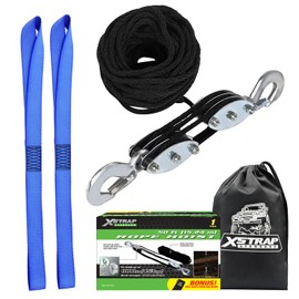 XSTRAP STANDARD Heavy-Duty 2,000 LB Breaking Strength 50 FT Rope Hoist, Metal Wheels Bearing Structure, 1000 LB Work Load Block and Tackle Pulley System for Lifting Heavy Objects, with 2pcs Soft Loops