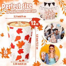 Jingmore 36 Pcs 12 oz Fall Party Cups Thanksgiving Fall Disposable Cups Pumpkin Maple Leaves Cups Bulk Fall Paper Cups for Autumn Harvest Hot Cold Drinks Coffee Supplies(Maple Leaf,Multicolor)