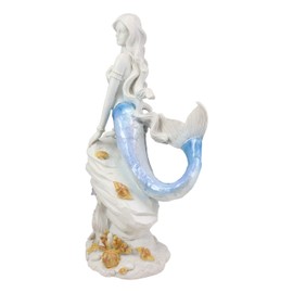 Ebros Gift Capiz Blue and White Gradient Nautical Ariel Mermaid Princess by Sea Coral Reef Starfish Statue Ocean Aquamarine Goddess Decorative Figurine (Mermaid Leaning Against Bedrock)