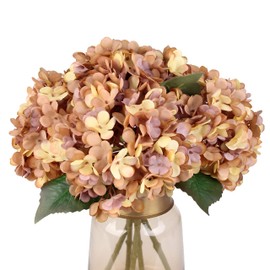Blooming Paradise Artificial Fake Flowers Plants Silk Hydrangea 1 Flower Head Arrangements Wedding Bouquets Decorations Plastic Floral Table Centerpieces Home Kitchen Garden (Brown Yellow)
