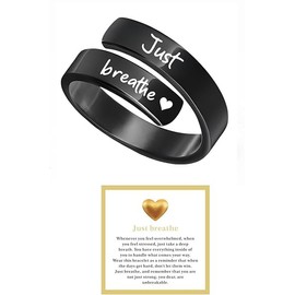 Q&D&S Dainty Just Breathe Ring for Women,Adjustable Inspirational Engraved Heart Stainless Steel Open Ring Personality Jewelry Gift (Heart black)