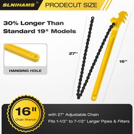 SLNIHAMS 16 Inch Chain Wrench, Heavy Duty Oil Filter Chain Wrench Adjustable 27" Chain for 1-1/2” to 7-1/2” Pipe & Oil Filter Grip - Heat-Treated Carbon Steel with Hanging Hook - Diesel/Plumbing Use