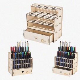 ThreadZips ArtNest 32-Hole Wooden Brush & Pen Organizer with Drawer - Perfect for Markers,