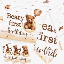 GREHUMOR 3Pack Beary First Birthday Tablecloths,Brown Teddy Bear 1st Party Decorations for Boy Girl,Large Disposable Rectangle Waterproof Table Covers for Beary One Year Old Birthday Table Supplies