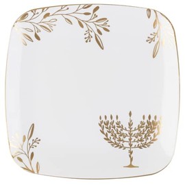 10" inch Square Plastic Plates Heavy Duty Plastic Hanukkah Dinner Plates with White Gold Chanukah Design Hanukkah Party Disposable Entree Plate China Like Blue Charger Plate Chanuka (90)
