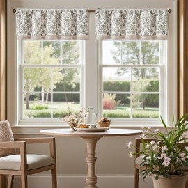 jinchan Linen Valance Kitchen Curtain Pack of 2 Double Layer 16 Inch for Living Room Bedroom Window Treatment Light Filtering Vintage Farmhouse Cottagecore Rod Pocket 2 Panels Grey on Beige