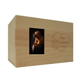 petbye Wooden Pet Urn with Photo Frame - 16 x 11 x 11 cm Natural Decorative Real Wood Ash Urn for Pets Dogs Cats with Paws Engraving and Space for Photo P-14929