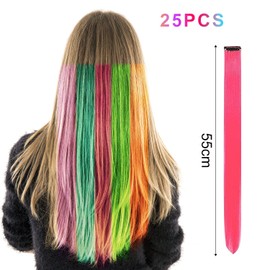 Pack of 25 Coloured Hair Extensions Clips, 55 cm Long, Short Hair, Straight Hair, Simulation Hair, Colour Extension Clips, Can Be Cut in Length, Suitable for Parties